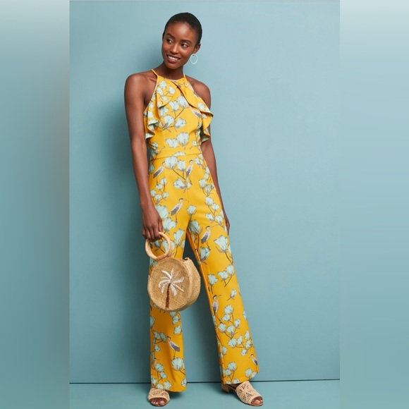 Varun Bahl Pants - Varun Bahl Warbler Ruffle Jumpsuit Yellow Motif Anthropologie size 0